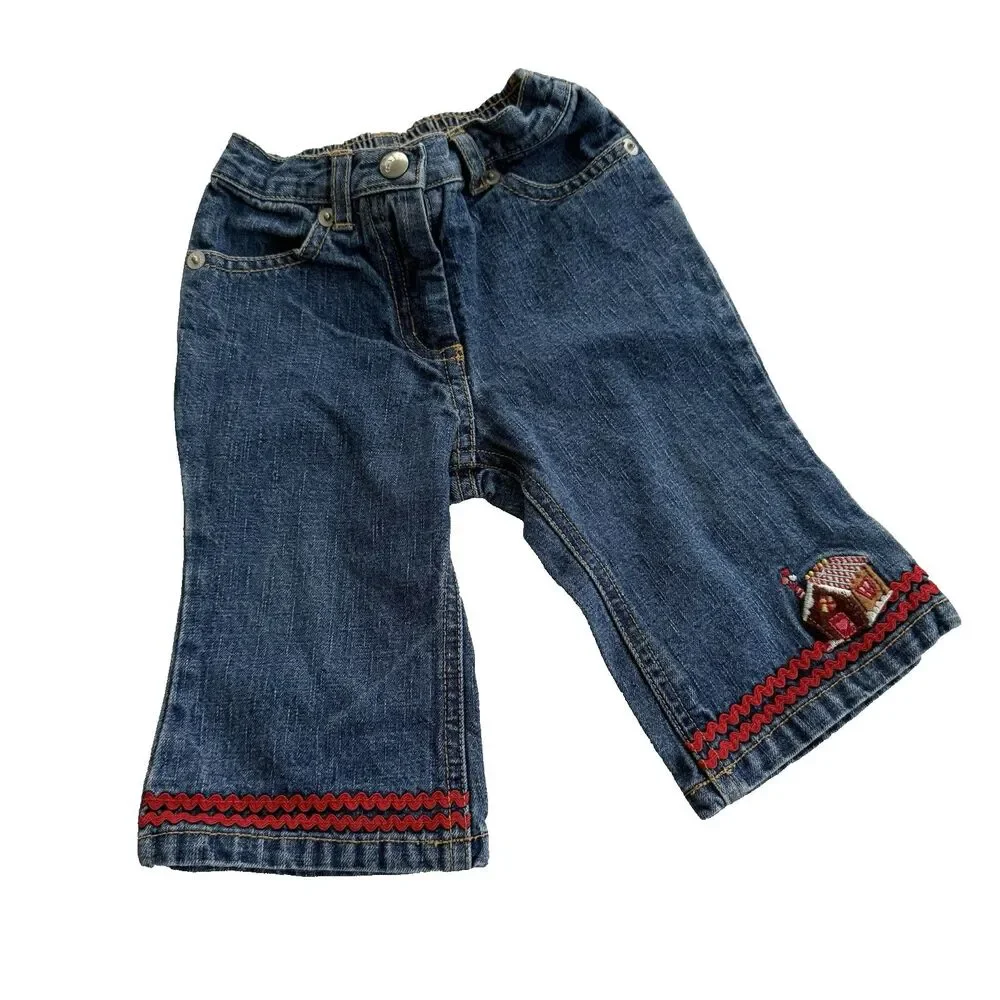 Y2K Gymboree Baby Girl Gingerbread House Jeans Denim Pants Embroidered Sz 6-12 M